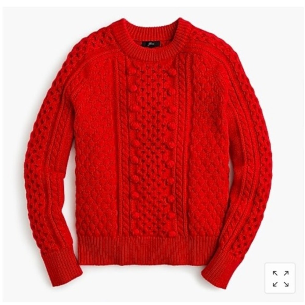 J.Crew Womens Red Lambswool Blend Cable Knit Popcorn Pom Pom Sweater Large